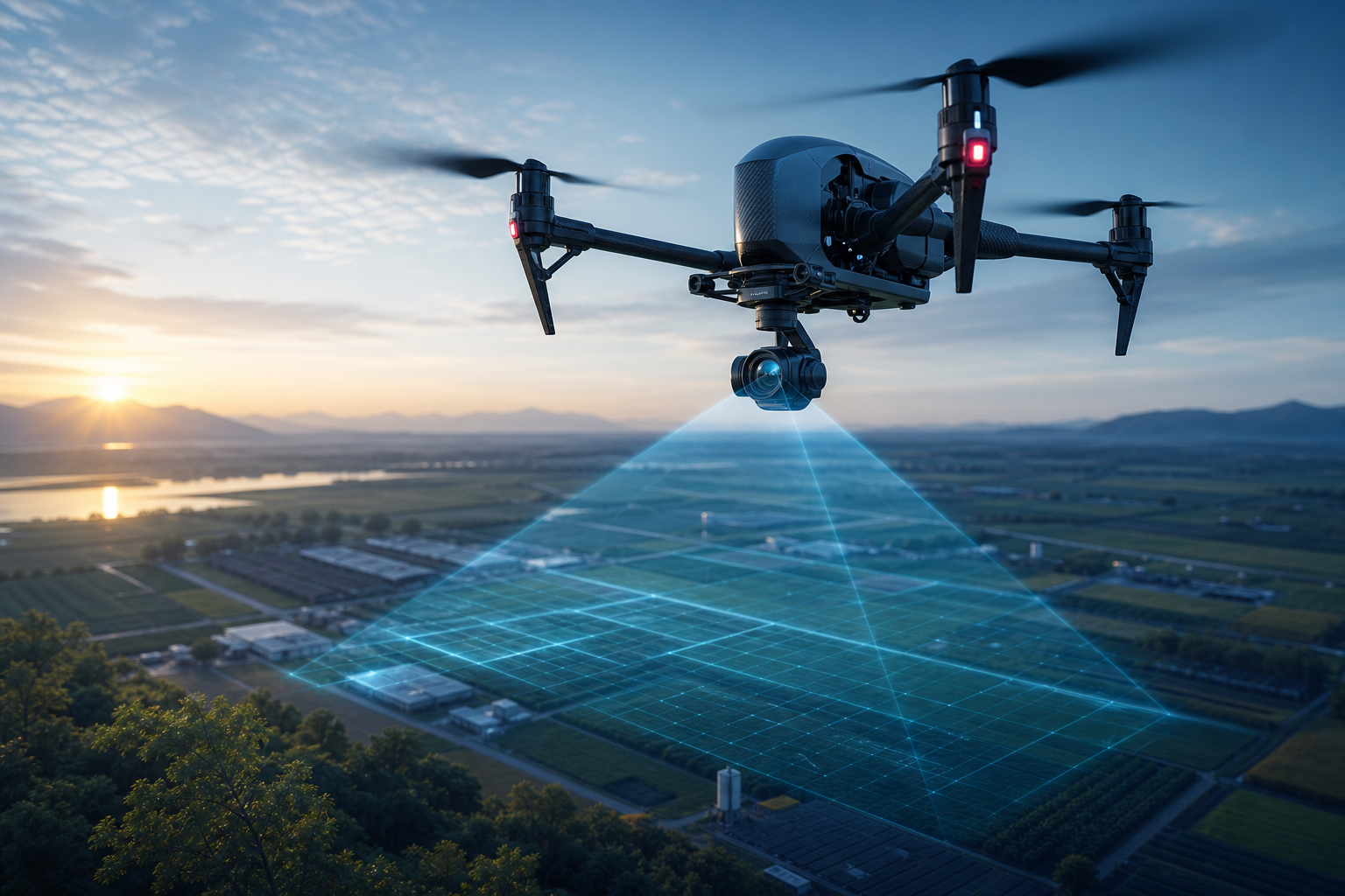 Professional UAV flying over a mapped field